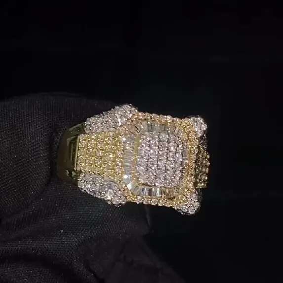 Hiphop Iced Out Two Tone Cluster Square Sier VVS Baguette Dias Moissanite Mens Ring