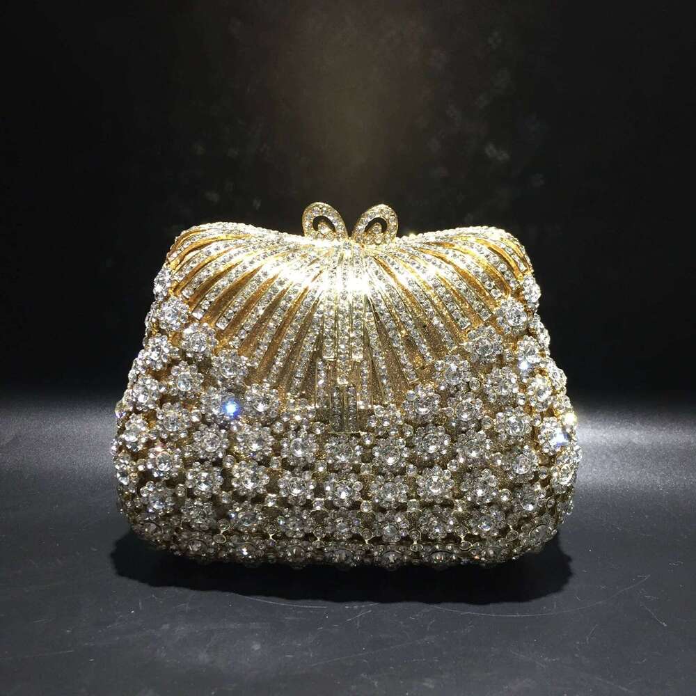 Women Gold Color Flower Rhinestones Clutch Bags Crystal Evening Purse Stones Metal Clutches Small Handbag Wedding Bag