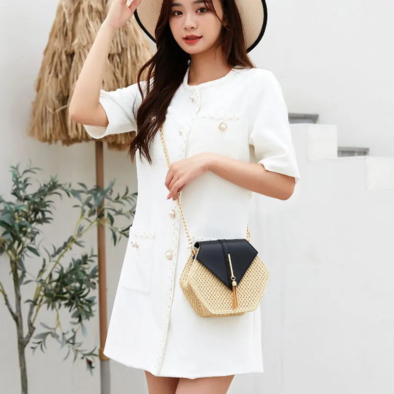 Hexagon Shape Straw PU Leather Handbag Women Summer Rattan Bag Handmade Woven Beach Bohemia Chain Strap Shoulder Crossbody Bags 250801