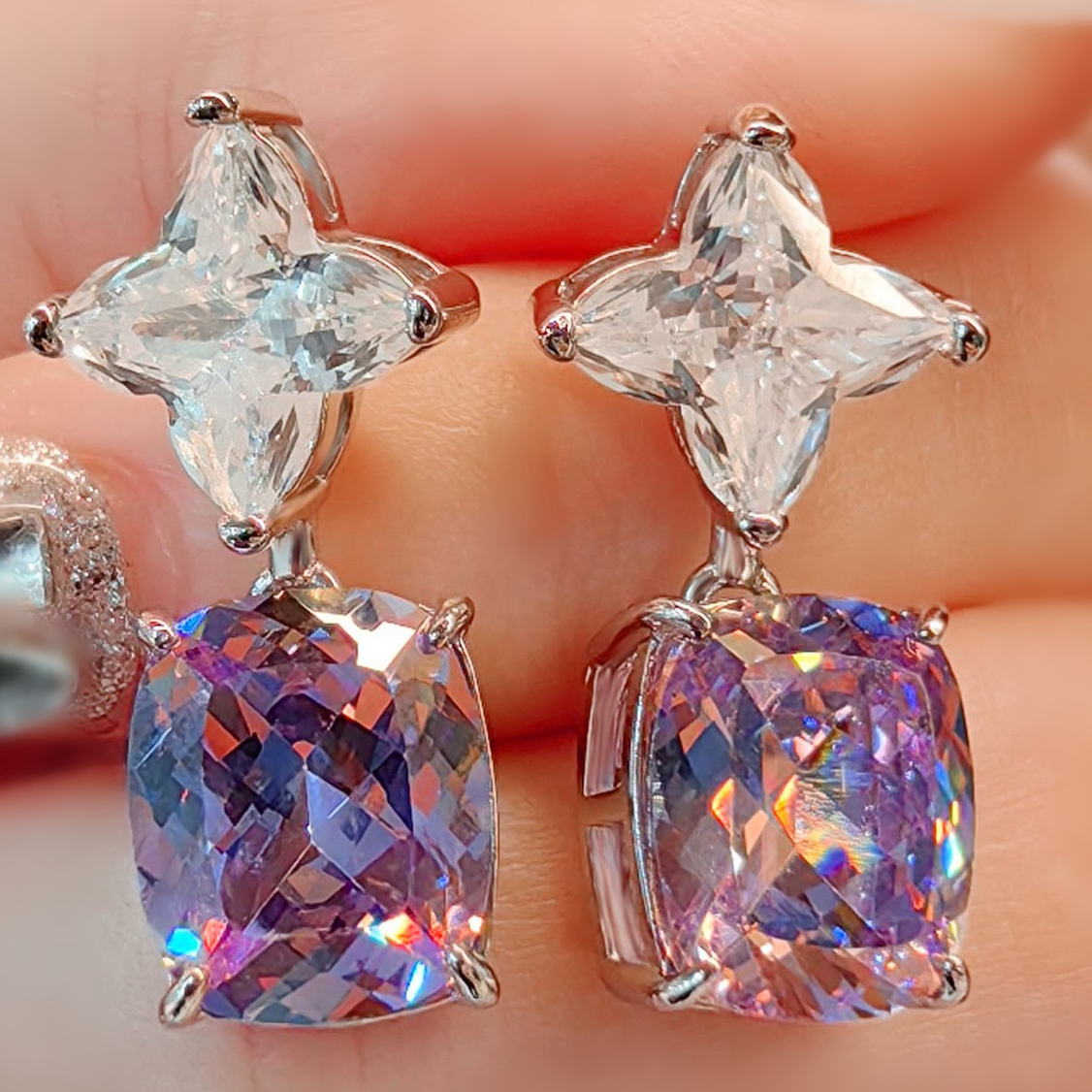 High-End Purple Kunzite Ice Flower Cut Earrings High Carbon Diamond Stud Earrings Jewelry Diamond Earrings for Women