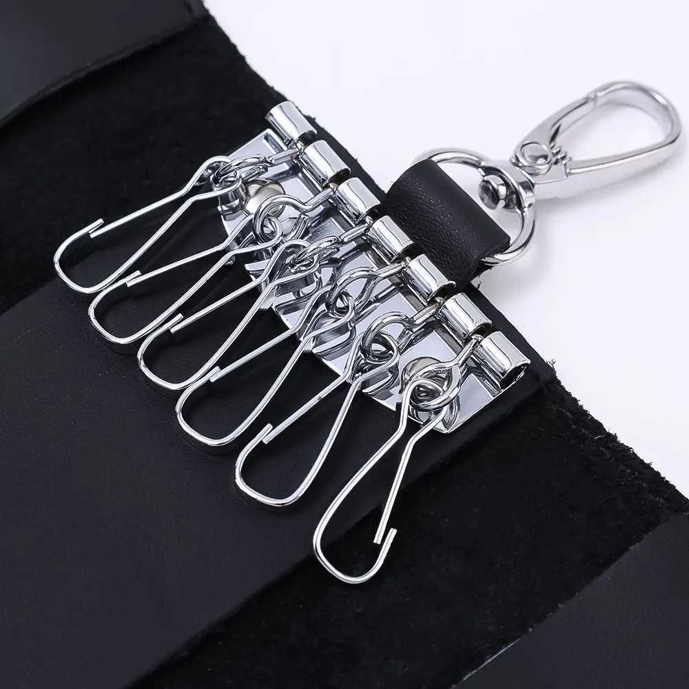 Portable Leather Housekeeper Holders Car Keychain Key Punch Bag Case Men Black Keys Wallet Cover Simple Solid Color Storage Bags G250802