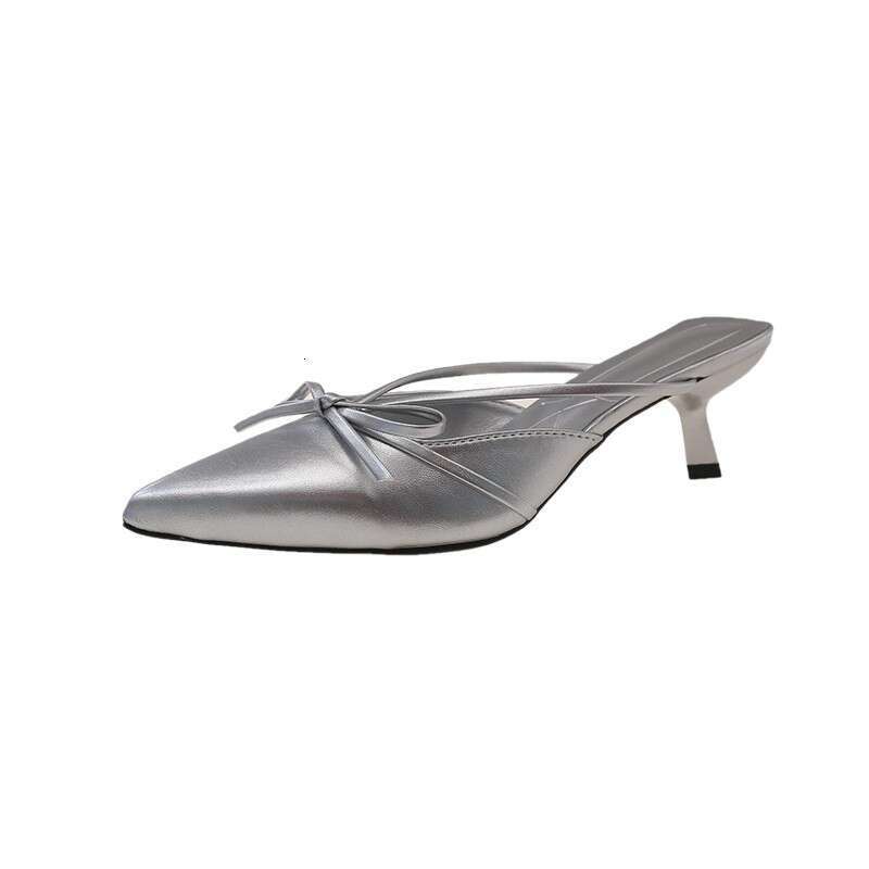 2025 Summer New Slimming Thin High designer shoes Heels Pointed Mid Heel Closed Toe Half Slippers Women's Sandals
