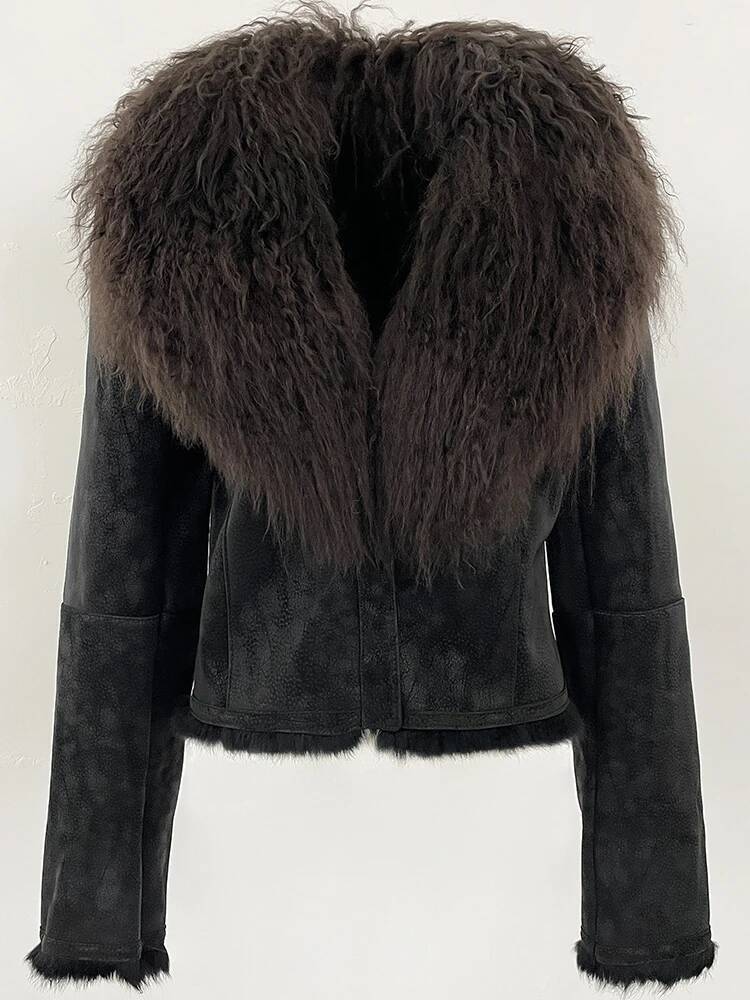 OFTBUY Suede Jacket Women Autumn Winter Fashion Short Warm Real Rabbit Liner Clothes Natural Mongolia Sheep Fur Coat Female