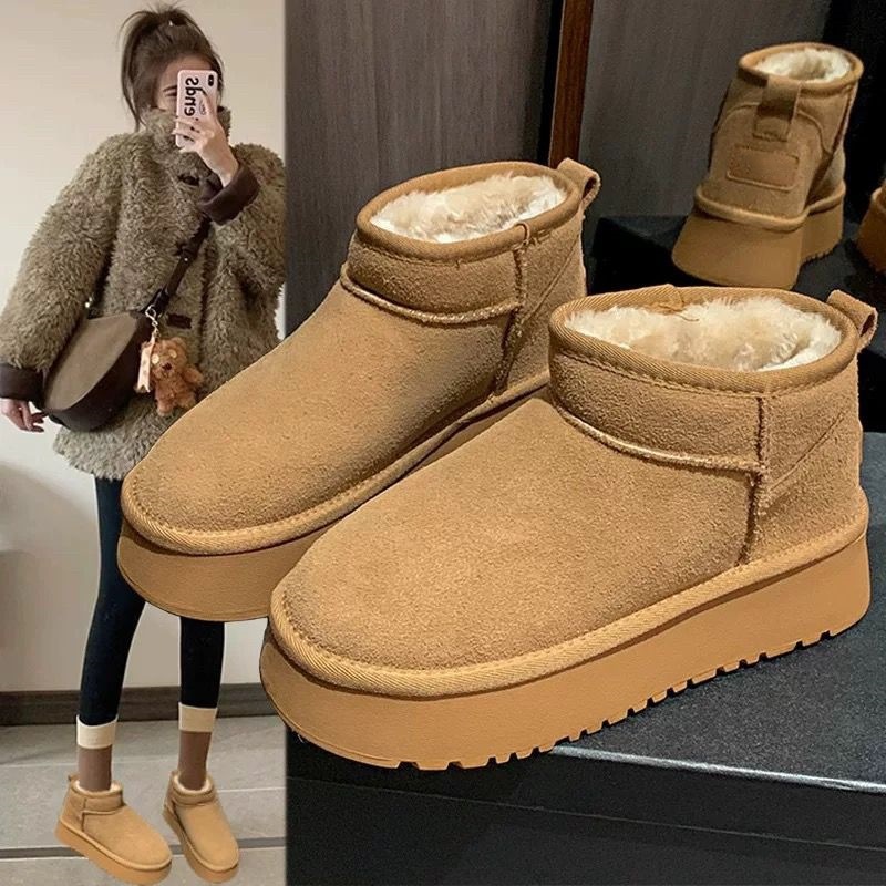 Free Shipping Women's Platform Anti-Slip Snow Boots 2025 Fall Winter New Design Fur-Lined Thick Warm Cotton Boots Brown Black Size 35-41