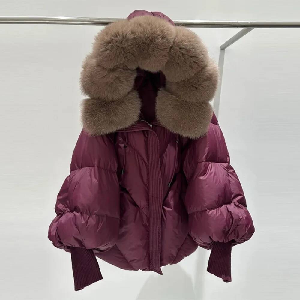 White Duck Down Coat Women Real Fur Hooded Puffer Jacket Thicken Warm Knitted Sleeve Mid Long Parka New Winter Large