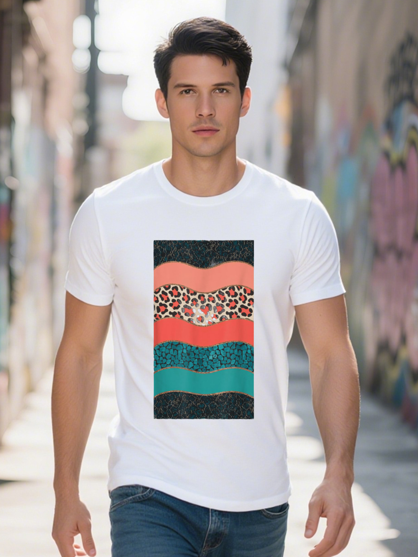 Men S Serape Bohemian Cheetah Turquoise Cow T-Shirt Cotton Short Sleeve Crew Neck Regular Fit All Seasons 5db19