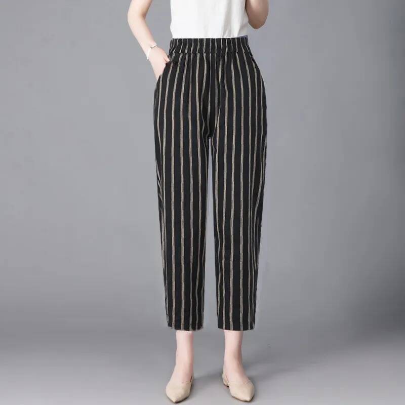 1pcs Spring Summer Women Cotton Comfort Breathable Pants Female Grid Flower Print Casual Loose Lady Haren Straight Leg Pant dongdumaoyi