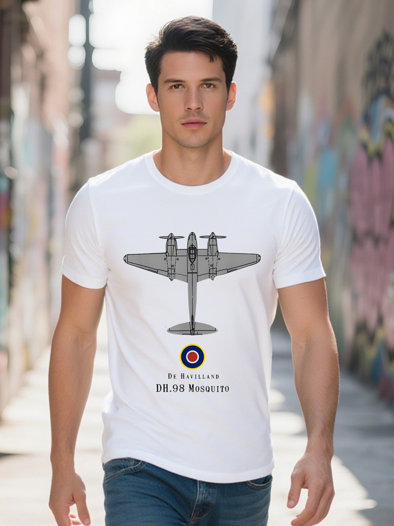 Men s Casual Crew Neck T Shirt with Unique Airplane Print Breathable Polyester, Washable, Perfect for Summer 23174