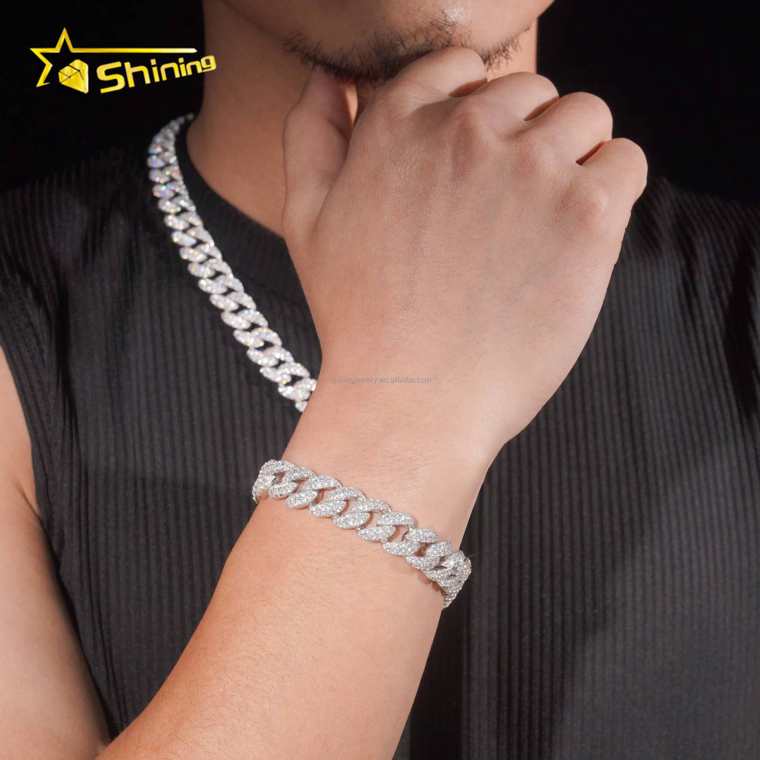 Fashion Rapper Jewelry GRA Certificate 12mm Two Rows Moon Shape Iced Out Moissanite Diamond S925 Sterling Silver Miami Cuban