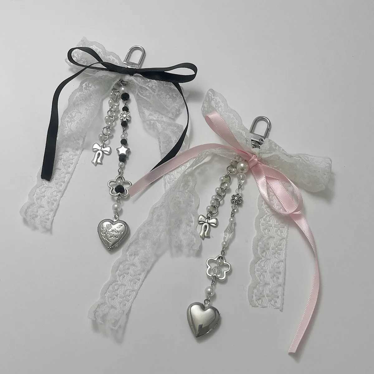 Goth Y2K Lace Bow Key Chain Heart Charm Pendant Kawaii Leopard Key Chain for Bag Accessory Women Trendy Tassel Chain Jewelry G250802