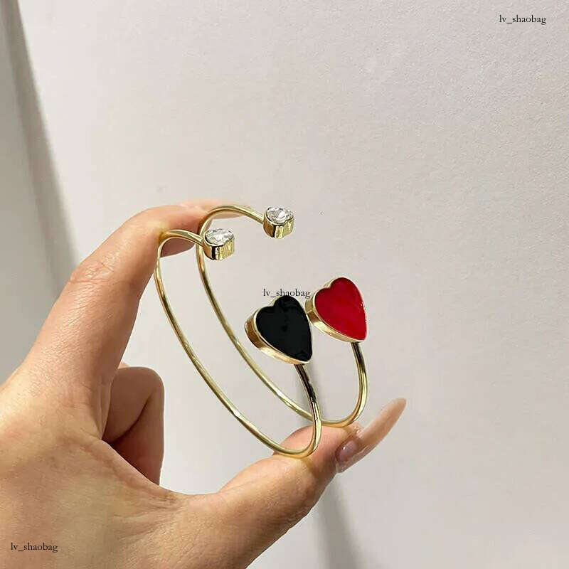 DHCollections Adjustable Heart Bracelet - Trendy Korean-Style Cuff Bangle with Crystal Accents for Women (Red/Black, 8.4g Lightweight)