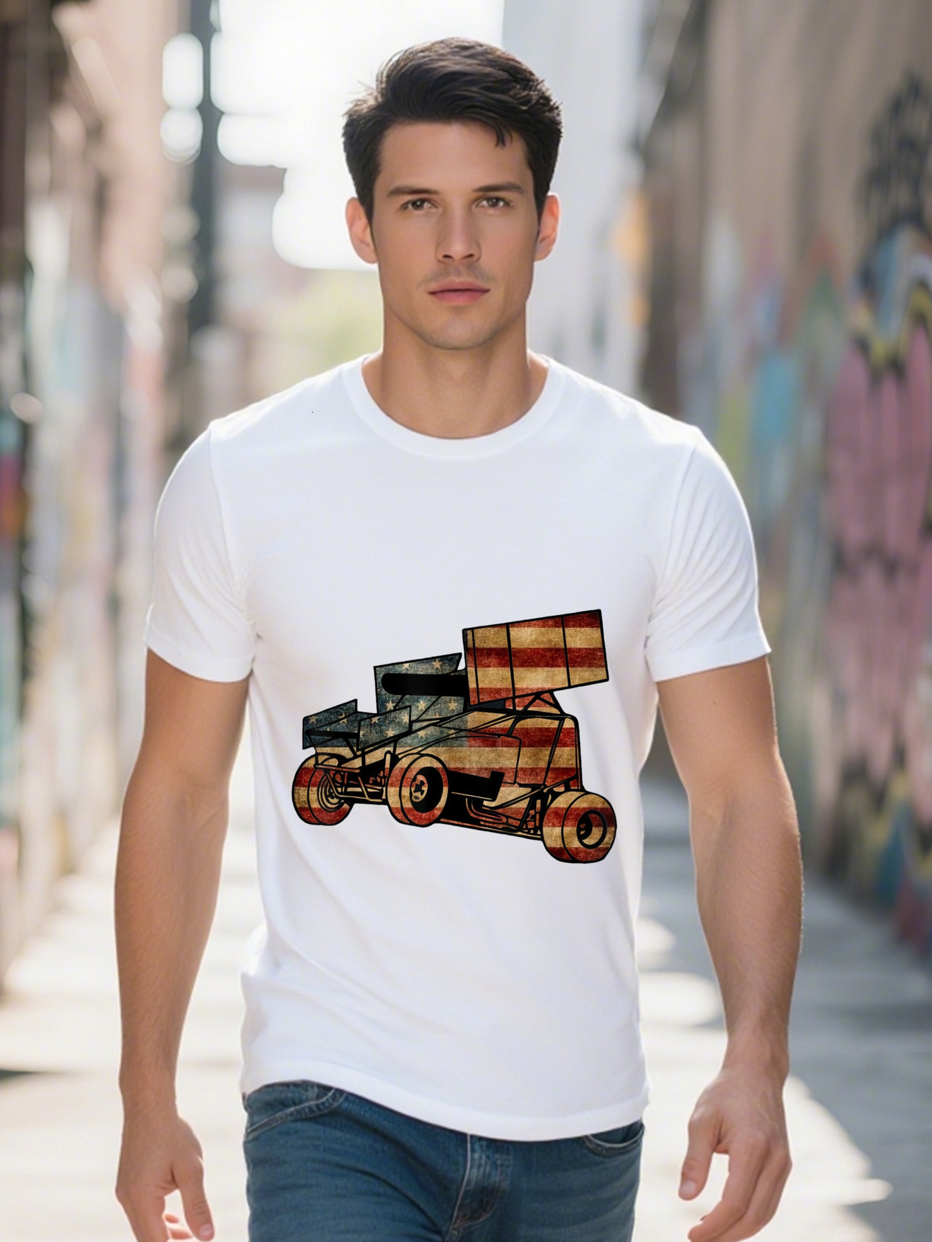 Men's T-shirt g Cotton Sprint Car Racing Dirt Track Vintage Looking American Flag T Shirt