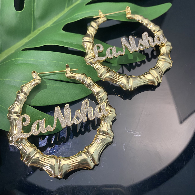 Personalise Bling Bamboo Hoop Name Earring Stainless Steel Earrings Bamboo Style Custom Hiphop Name Jewelry For Her 250327