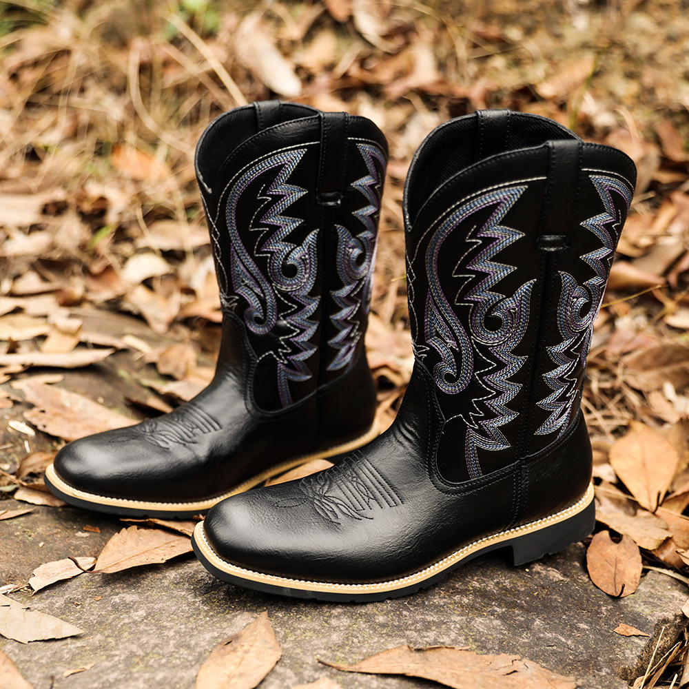 Zipper Bag Packed High Barrel Embroidered Vintage Wide-Headed Western Cowboy Boots