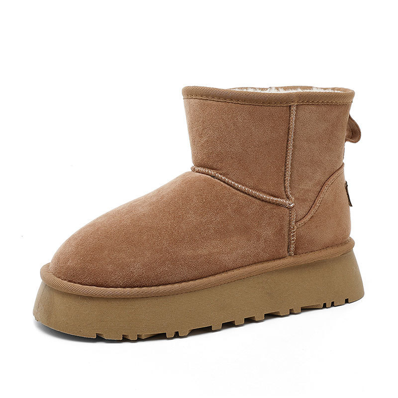 Women's Maroon Thick - soled Snow Boots 2025 Style Waterproof Short - shaft Inner - heightening Winter - warm Fleece - lined Bread - shaped Cotto