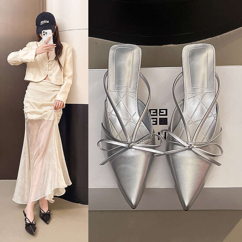 2025 Summer New Slimming Thin High designer shoes Heels Pointed Mid Heel Closed Toe Half Slippers Women's Sandals