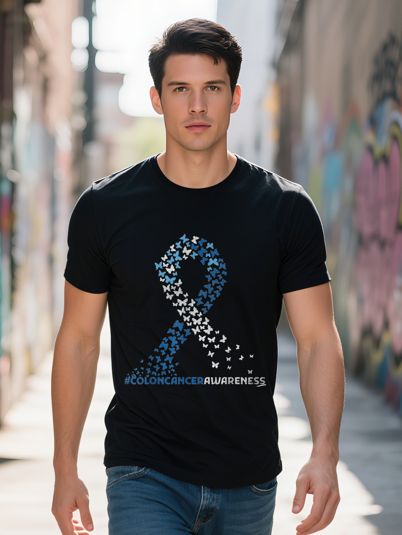 Colon Cancer Awareness Colonoscopy Blue Ribbon Butterflies T Shirt Cotton f76c5