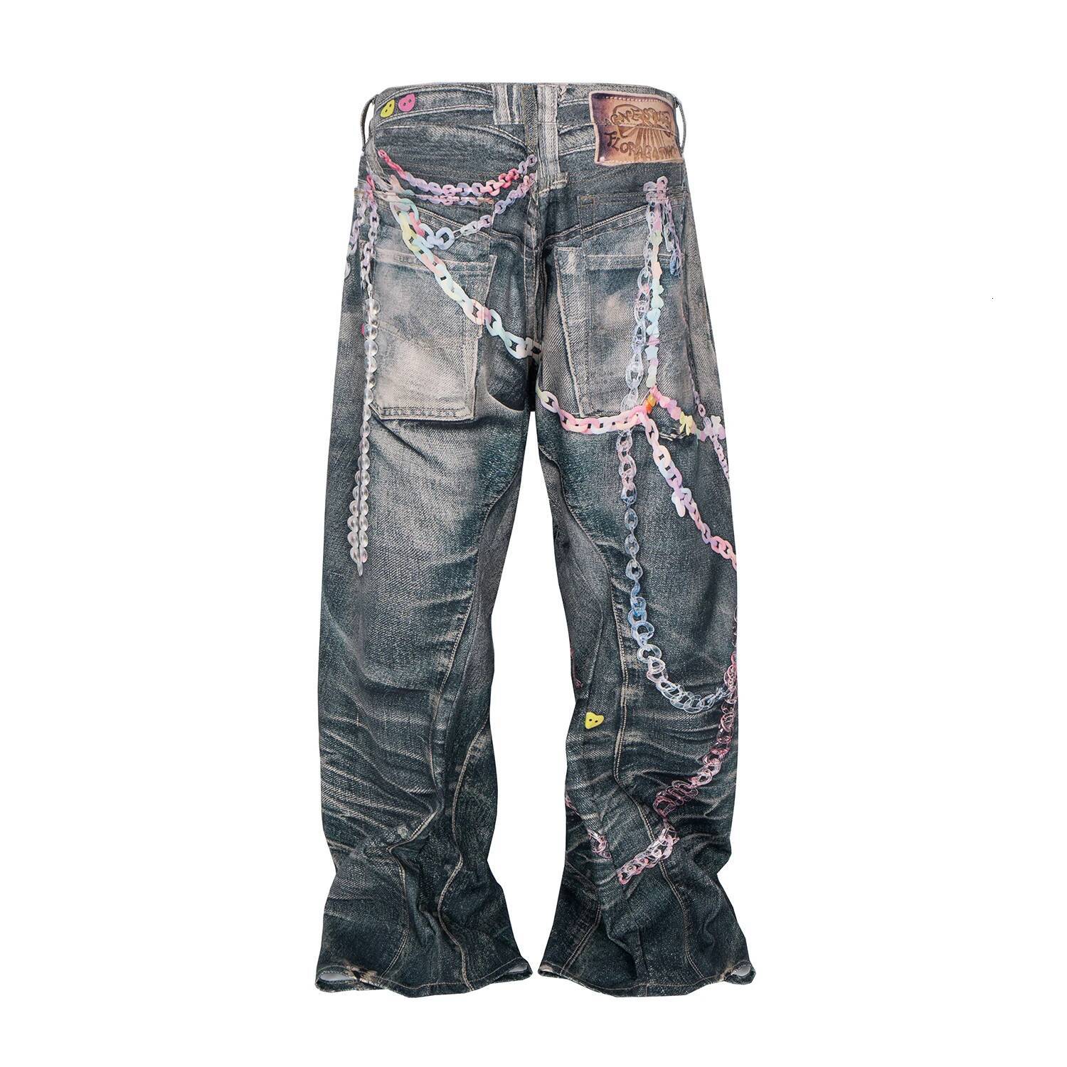 Street 3D Printed Candy Chain Denim Washed Baggy Fashion Curved Blade Harem Jeans Pants Men Y2k Wide Leg Trousers