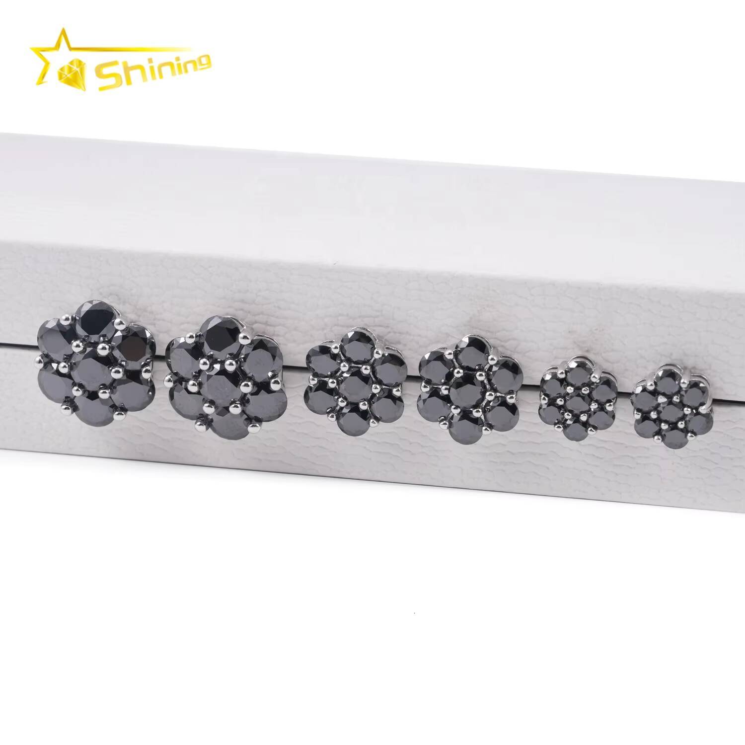 Hot Sale Fine Jewelry Black Diamond Hip Hop Iced Out 925 Sterling Silver Flower Moissanite Earrings