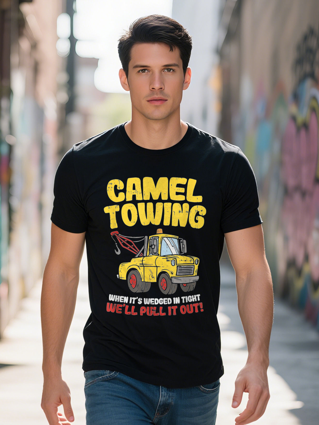 Funny Camel Towing Graphic Tee for Men Cotton Casual Short Sleeve Shirt with Crew Neck hine Washable 151b4