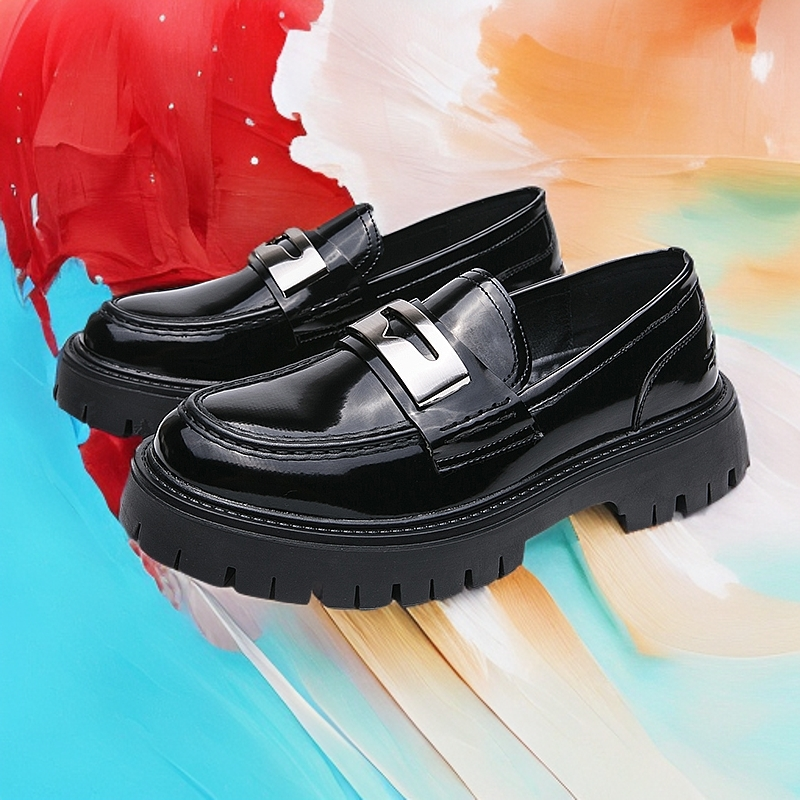 8804- Summer breathable small leather shoes with a male feel, British interior height increase, thick sole, trendy shiny surface, one foot casual loaf