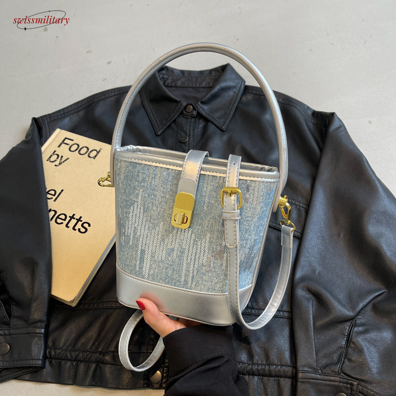 Denim Patchwork Handbag for Women 2025 New Versatile Personality Sequin Bucket Single Shoulder Crossbody Bag swissmilitary