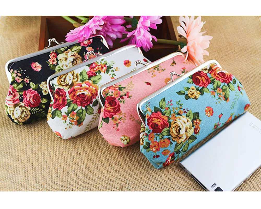 13995CM Long Rose Flower Printed Microvelvet Coin Wallet Handbag Canvas Money Card Holder Wallet Pouch Key Bags Wholesale G250802