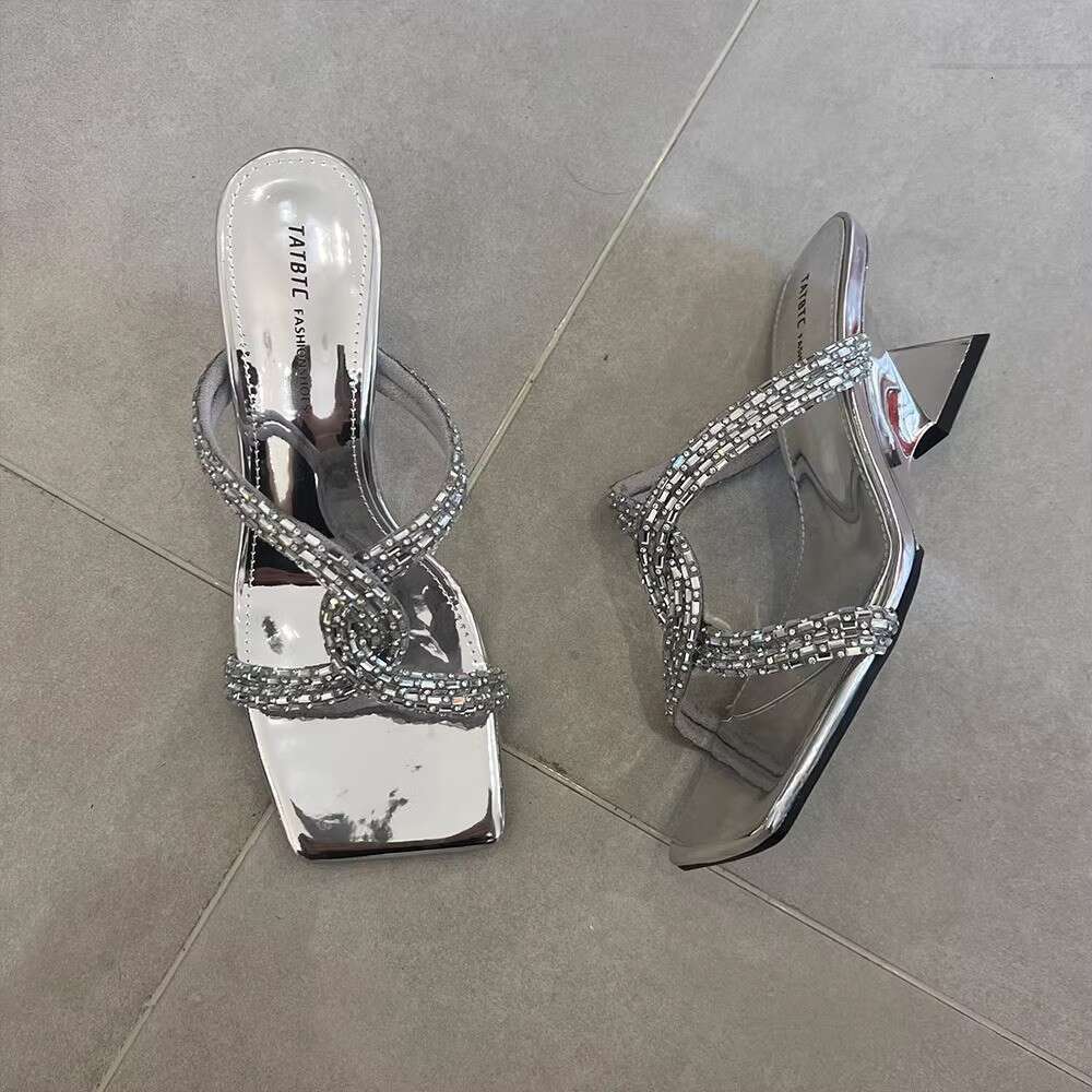 2025 Summer New Open-Toe Slippers 35-42 designer shoes for Women, Elegant Square Toe with Rhinestones, Cross Strap High Heels