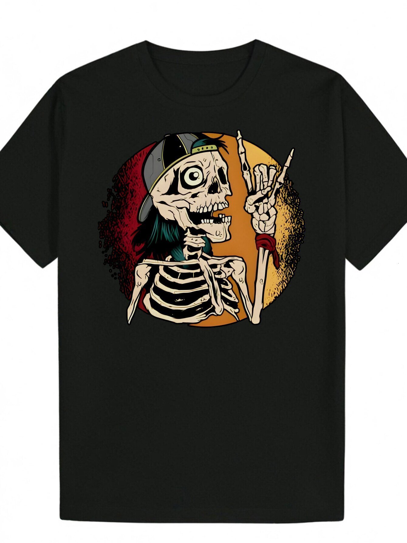 Men's Black Graphic T-Shirt-Skull Rock Design, Casual Crew Neck, Short Sleeve, Summer Style, Polyester Blend, Machine Washable 01c45