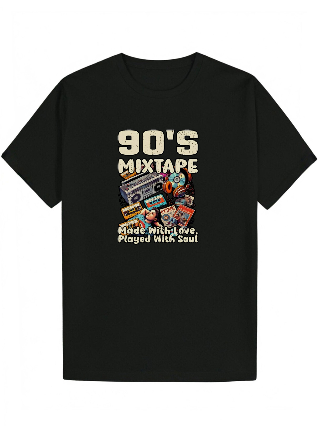 Men's 90s Mixtape Pattern Cassette and Boombox Design "Played with Soul" Black Summer T-Shirt - 100% Polyester Crew Neck Machine Washab