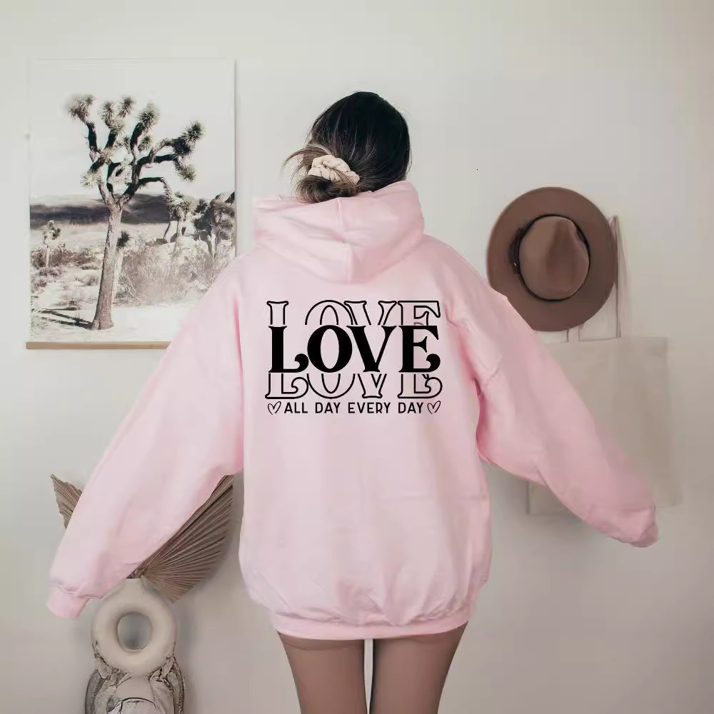 Free shipping designer New Women Drop Shoulder Sleeve Fleece Sweatshirt LOVE Letter Print Kangaroo Pocket Drawstring Print Hoodie High quality clothin