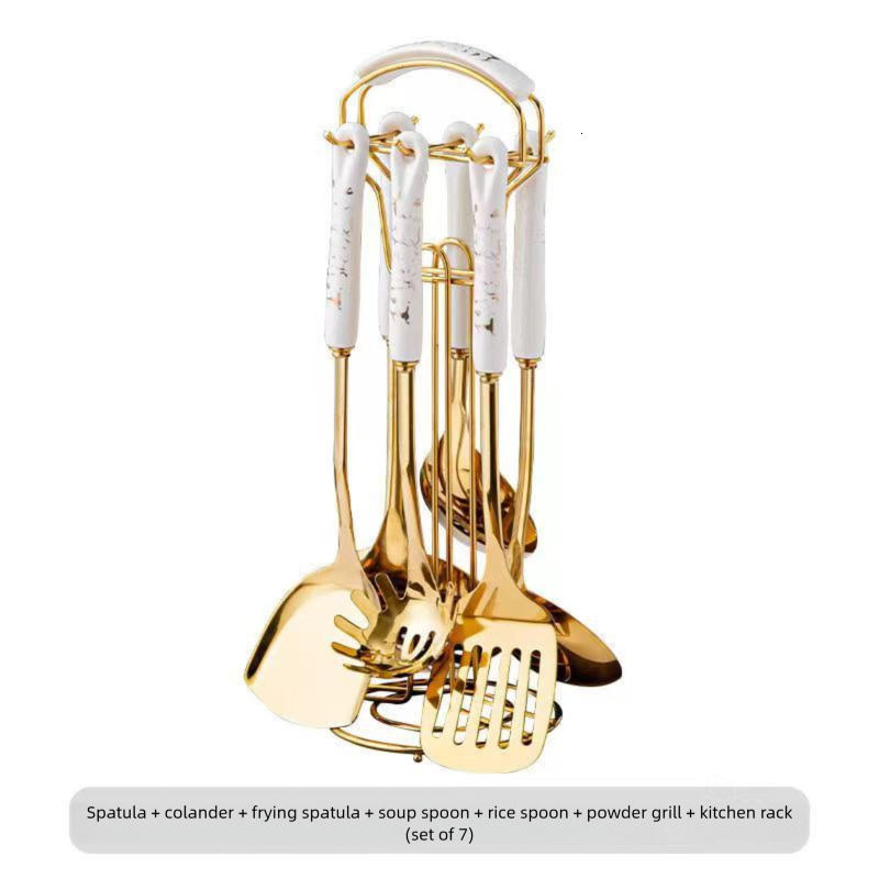 Stainless Steel Cooking Colander Ceramic Handle Stirring Spoon Household Kitchen Utensils Frying Spatula High Temperature Resistant Set