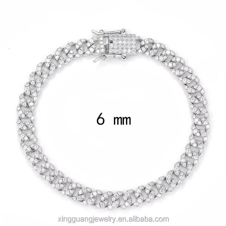 High Quality Hot 925 Sterling Silver 6mm Wide Single Row with VVS Moissanite Diamond Cuban Link Chain Bracelet Men Women Jewelry