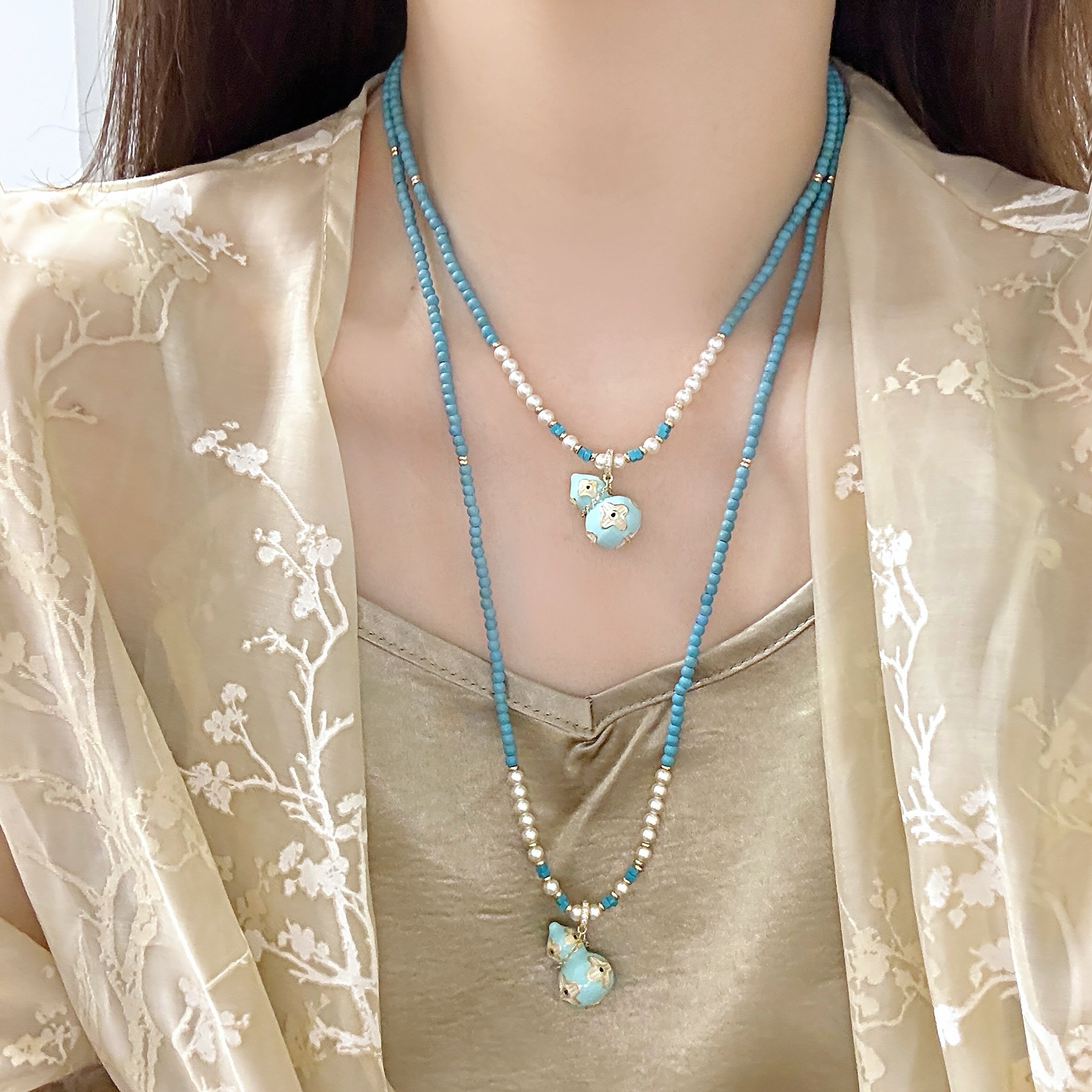 Chinese Neo Chinese Style Summer Trending Dopamine Color Enamel Drizzle Gourd Beaded Necklace for Women Vibrant Elegant Jewelry Accessory