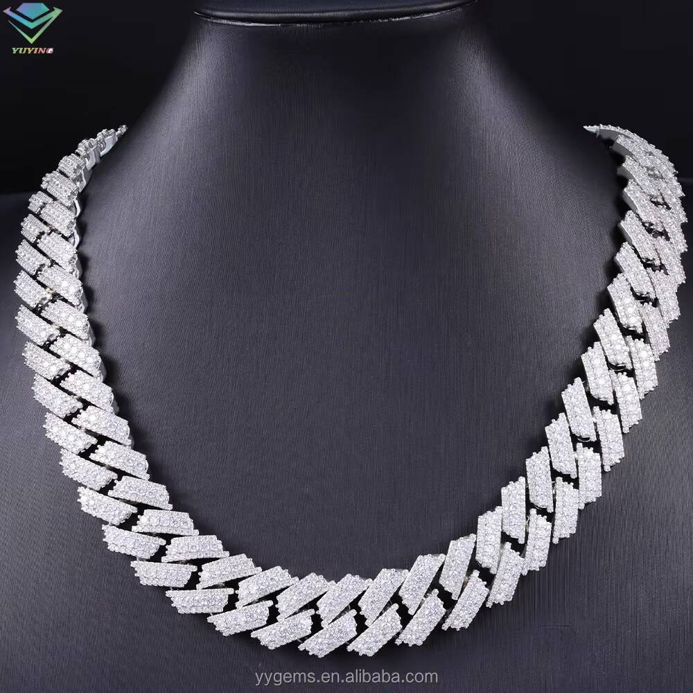 14k White/yellow/rose Gold Plated Cuban Chain 20mm 3rows S925 Silver Iced Out Bling Moissanite Cuban Link Chain Necklace