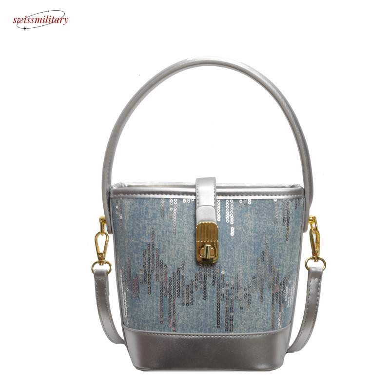 Denim Patchwork Handbag for Women 2025 New Versatile Personality Sequin Bucket Single Shoulder Crossbody Bag swissmilitary