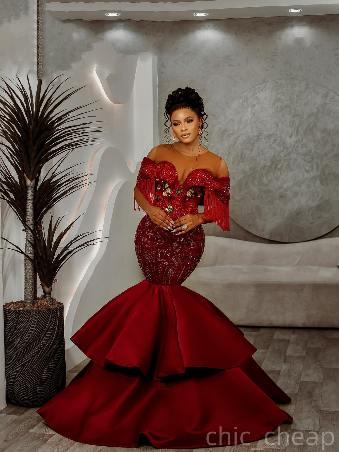 Dark Red Mermaid Prom Dresses 2025 Tassels Crystals Lace Satin Evening Formal Party Second Birthday Engagement Gowns Plus Size Dress For Special Occas