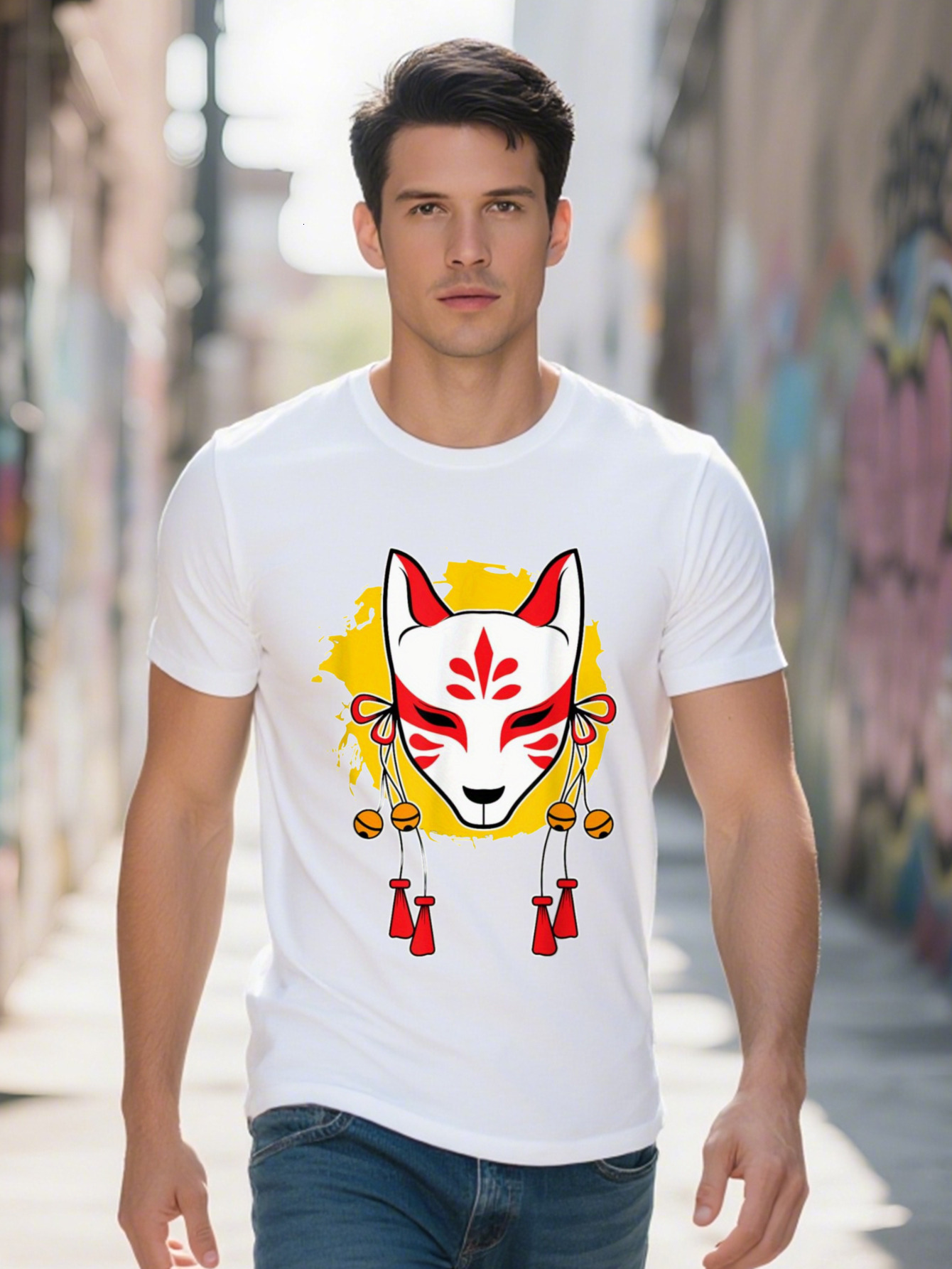 Men s Cotton T Shirt Japanese Anime Kawaii Inari Fox Design Short Sleeve Regular Fit Casual Wear for All 3f050