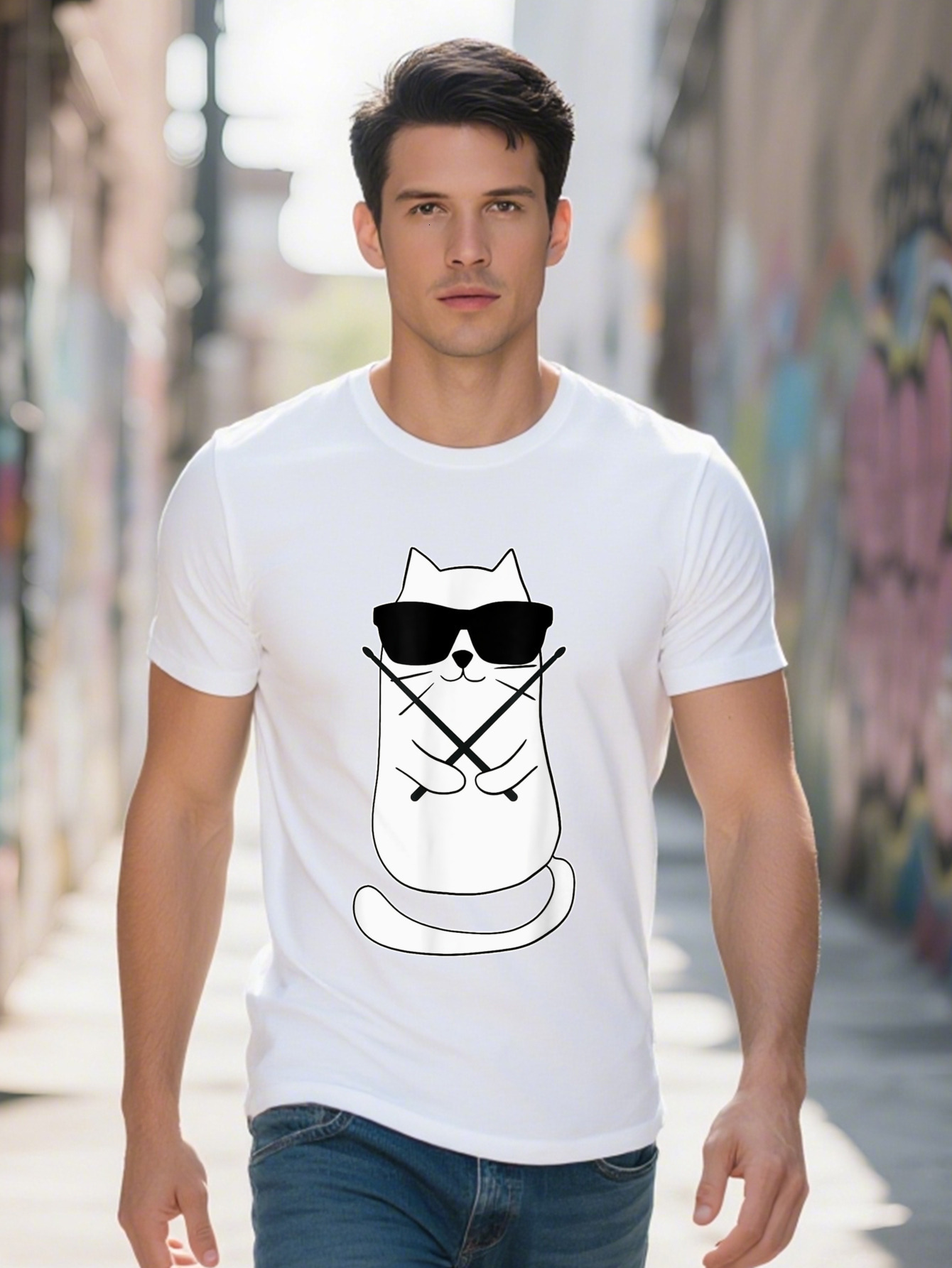 Men's T-shirt Cotton Funny Drummer Cat Drumming Set Drum Sticks Retro T Shirt 2d13c
