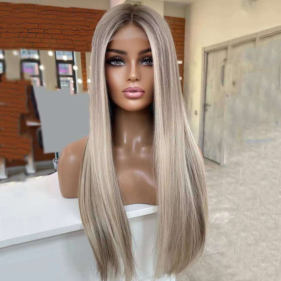 Full Human Hair for Women Highlight Ash Grey Blonde Straight with Silk Base Transparent Lace Front Wigs 10-30"