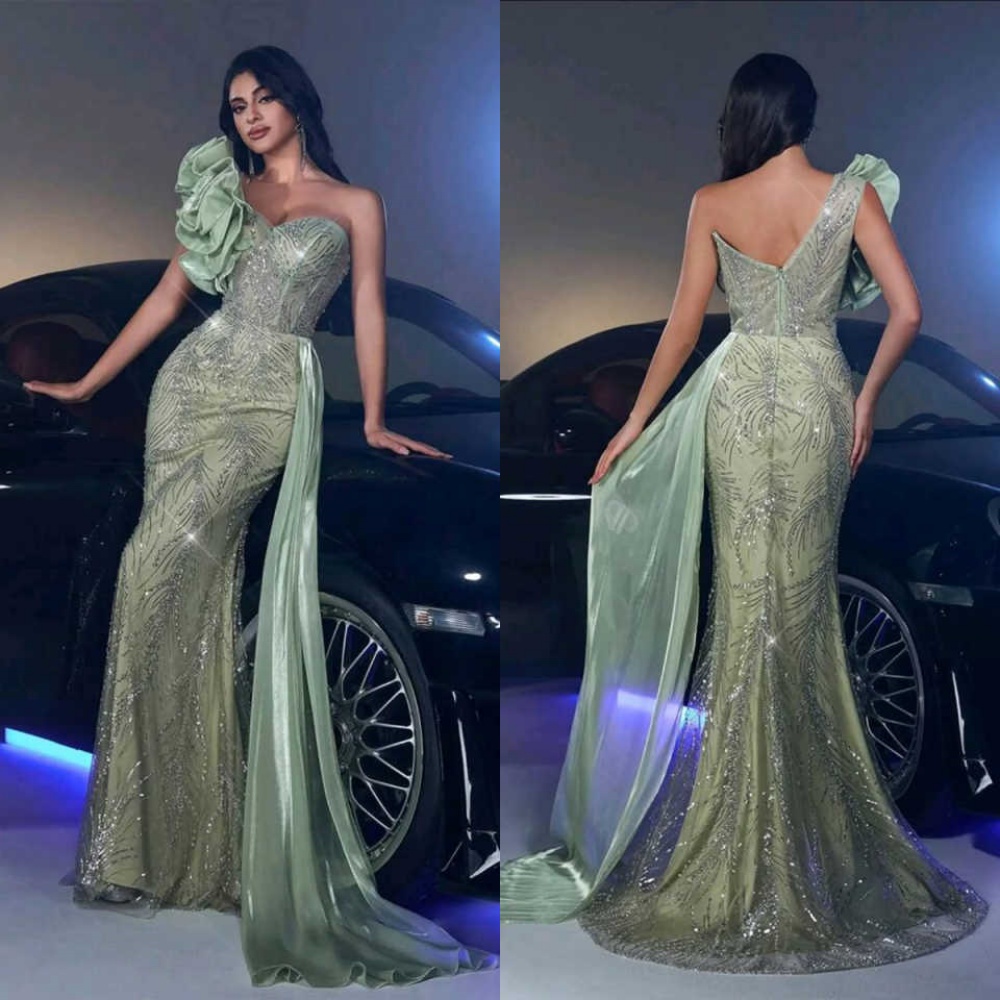 Sparkly Evening Dresses For Women One Shoulder Sleeveless Gown Sequins Lace Sweep Train Dress Party Customized