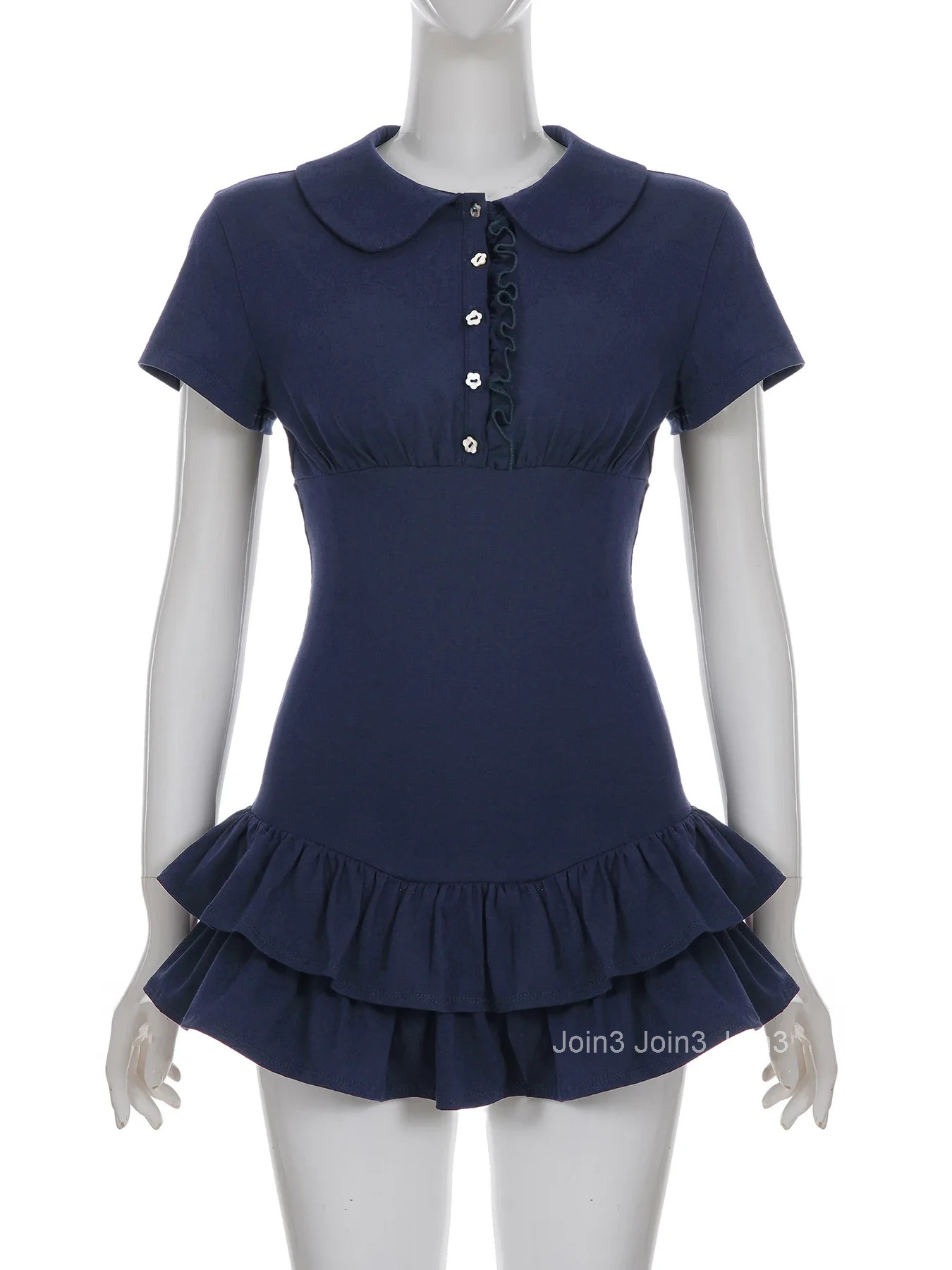 Basic Solid Ruffles A-Line Dress Slim Turn-Down Collar Short Sleeve Mini Dresses For Women Summer Fashion Streetwear