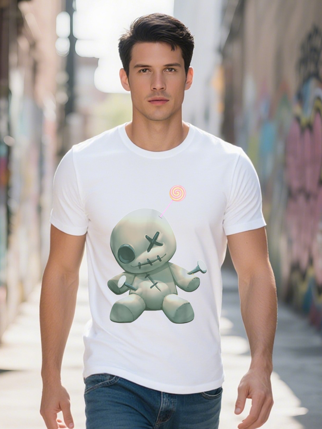 Men s Voodoo Doll Graphic T Shirt Cotton Black Crew Neck Tee with Pastel Gothic Design Short Sleeve 43e66