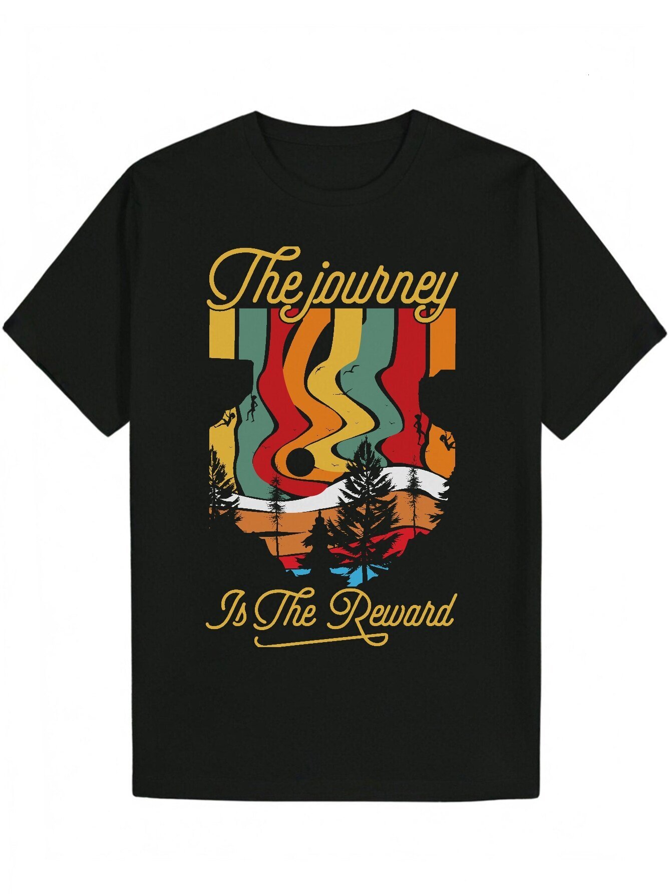 Men's Summer Pattern - Round Neck Polyester T-Shirt "The Journey is the Reward" Design, Black with Colorful Stripes Forest Pattern, Lig