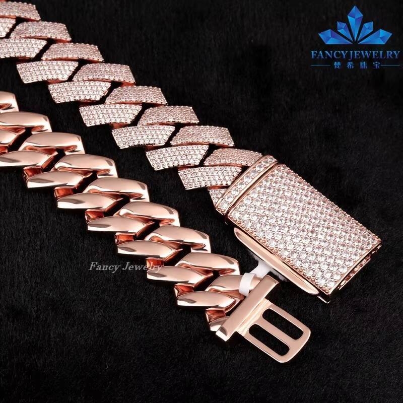 Drop Shipping Rose Gold Plated 925 Silver 4 Rows Hip Hop Iced Out Classical Style Chain 16mm 18mm 20mm Cuban Link Necklace GRA