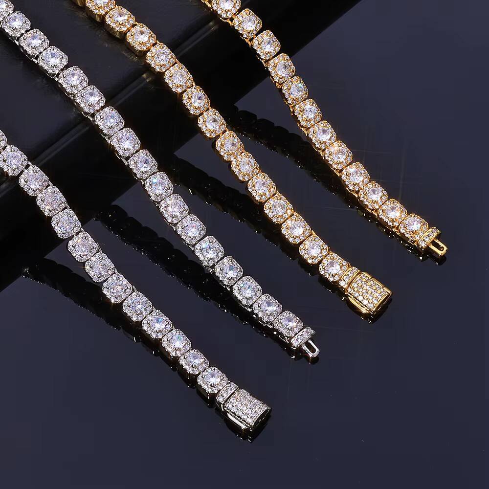 NUOYA 5mm Clustered Tennis Chain Bracelet Silver Gold Plated Iced Out Diamond Hip Hop Jewelry Round Zircon Tennis Chain Bracelet