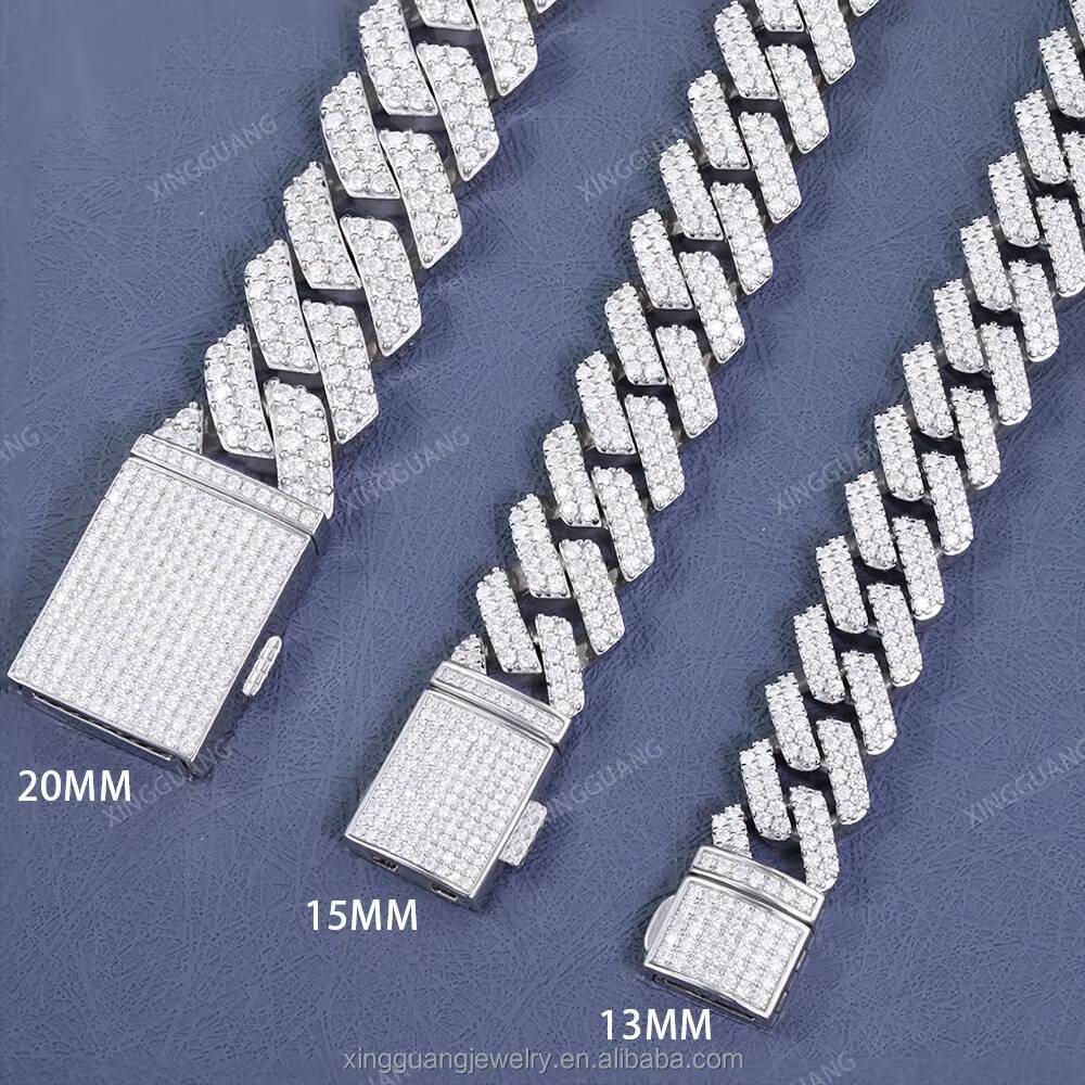 Pass Diamond Tester GRA Moissanite Diamond 8mm-15mm Wide 2Rows 925 Solid Silver Cuban Link Chain for Rapper Hip Hop Necklace