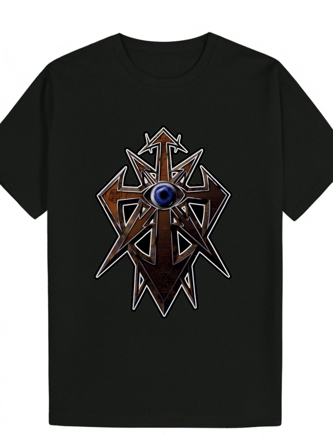 Men's Round Neck T-Shirt with Intricate Star Design - Black Polyester, Summer Style, Regular Fit, Casual Wear Geometric Print | Polyester fabric 