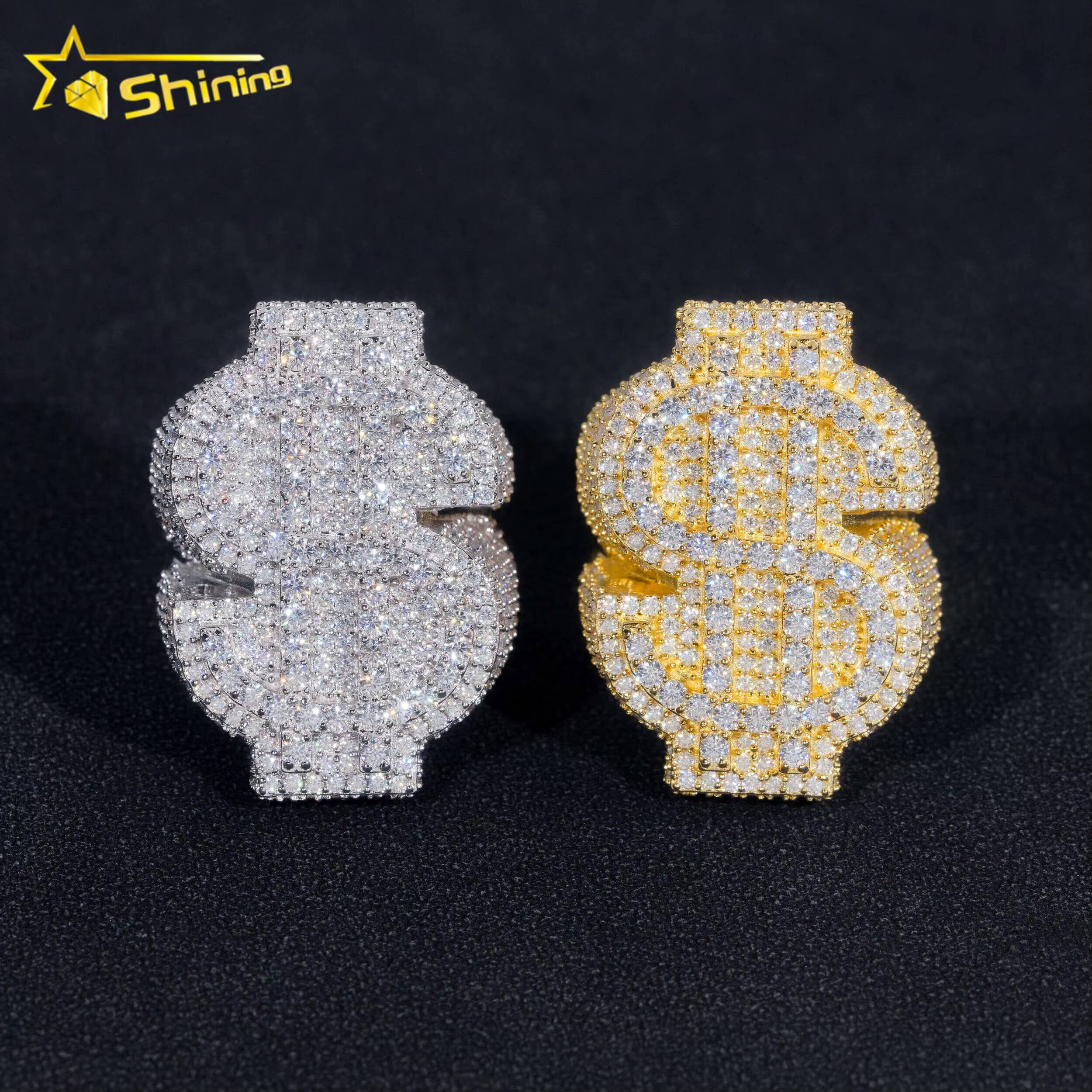 Hot Sale Money Sign Moissanite Diamond Silver Iced Out Design Hip Hop Ring Ready to Ship