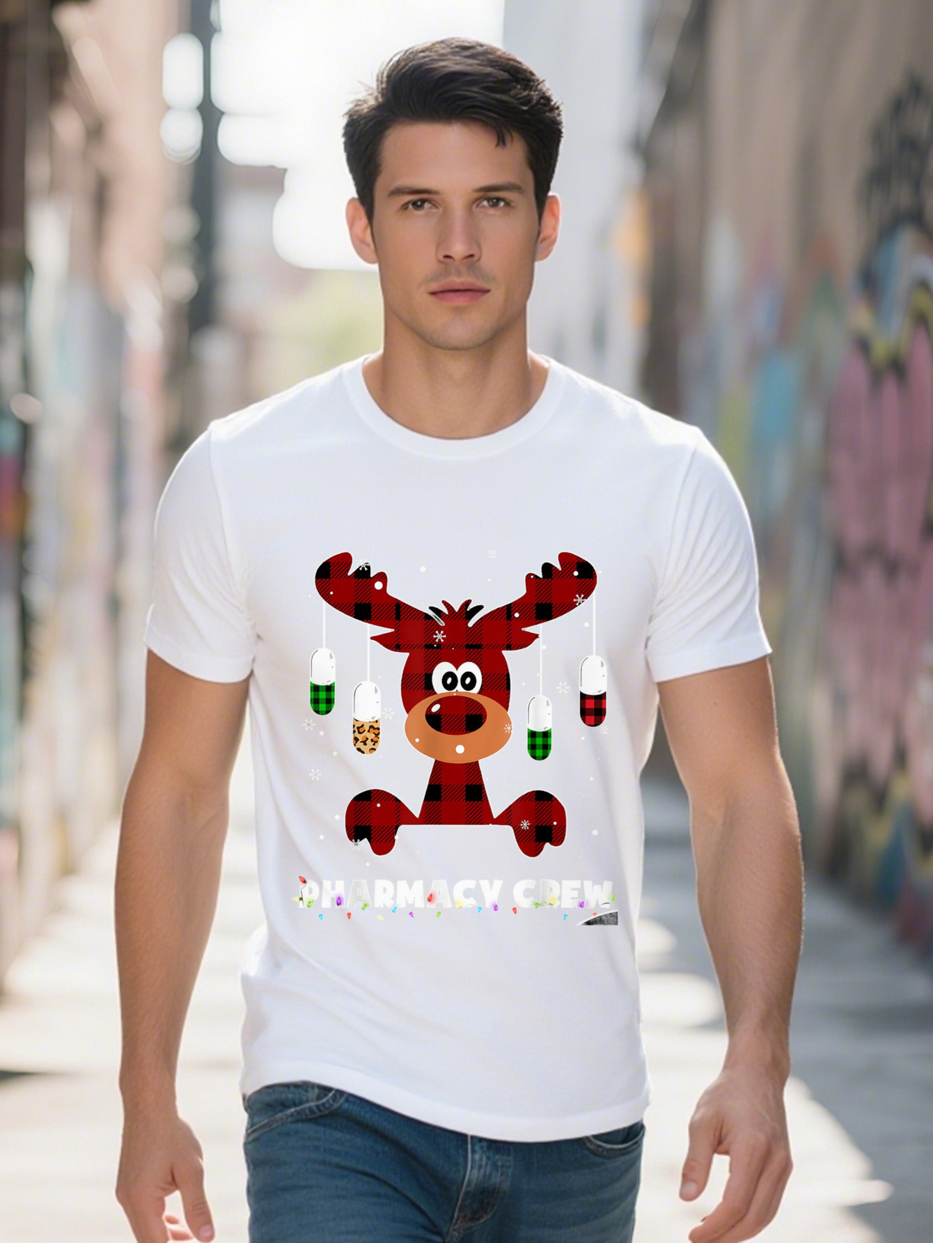 Funny Red Plaid Reindeer Phary Crew Christmas Gift T Shirt Cotton 821e7